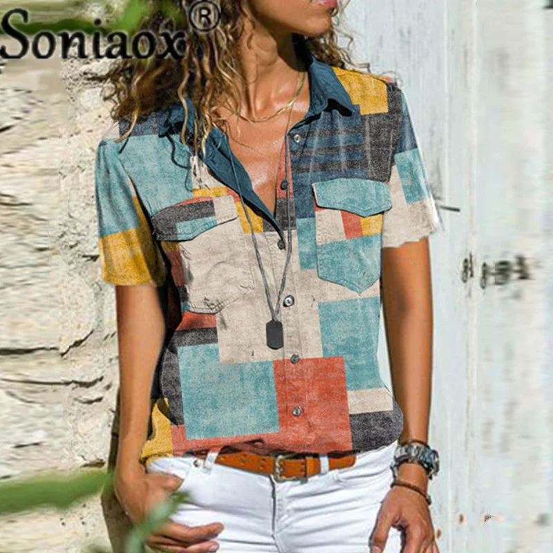 Geometry print Blouses Women Shirt 2021 Summer Lapel Button Oversize Shirt Short Sleeve Top Elegant Shirts Plus Size Tops Ladies 2021 summer men set shirts and shorts lightweight tahiti polynesia half sleeve knee length short oversize suit clothing man