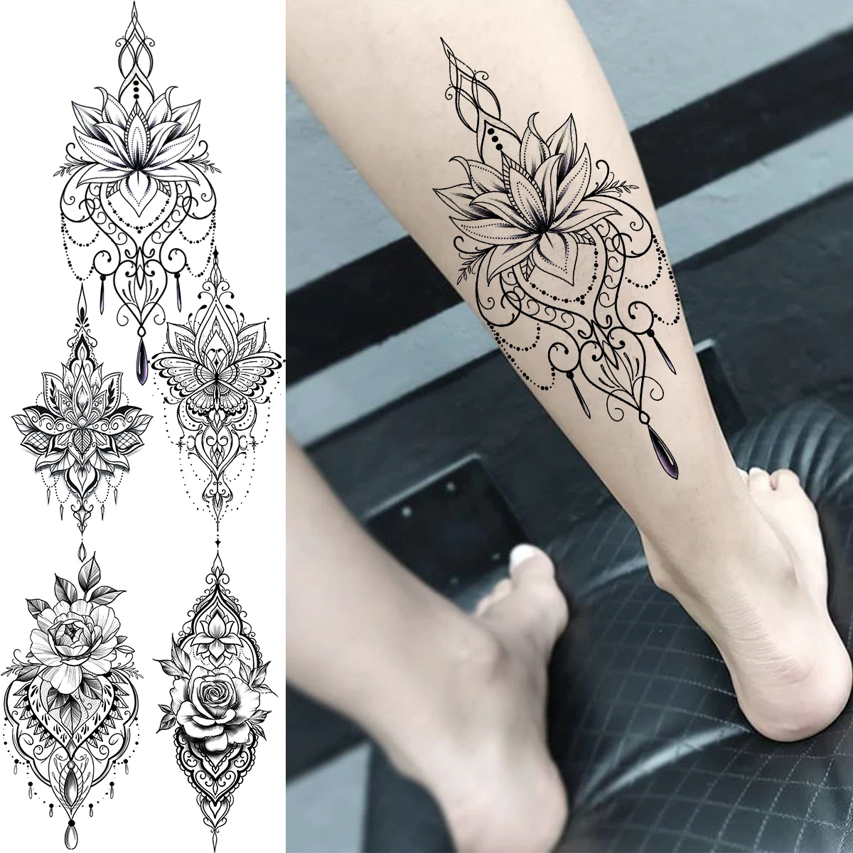 Tatouage Mollet Femme Fleur De Lotus Faux Tatouages Temporaires En Forme De Lotus Pour Femme Et Fille Adulte,  Pendentif En Forme De Mollet, Papillon, Rose, Fleur, Art Corporel,  Demi-manche - Temporaire Tatouages - AliExpress