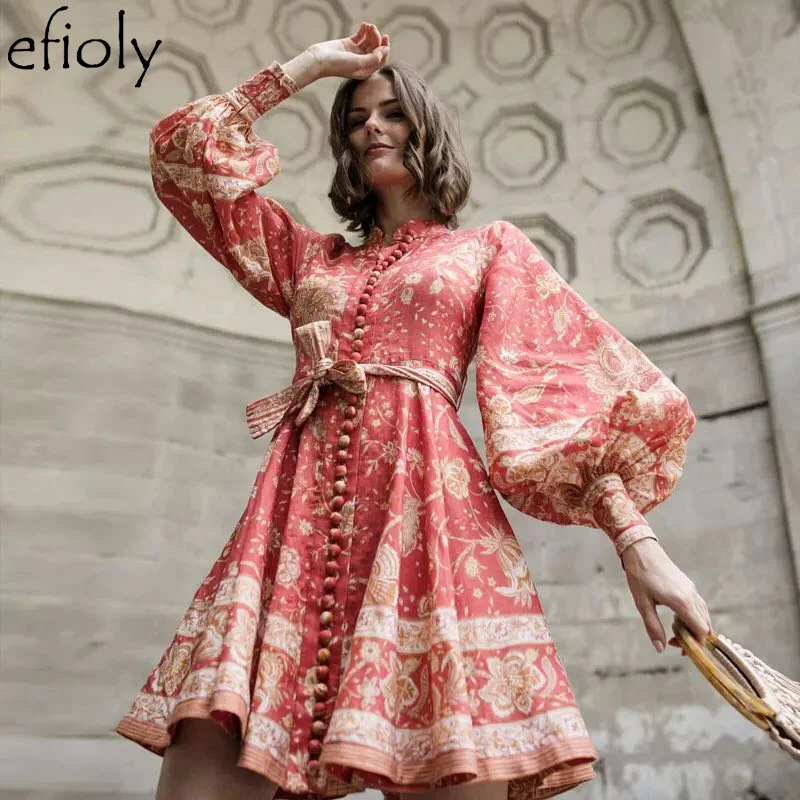 

EFIOLY 100% Linen Red Printing Standing Collar Waist Tie Single-Breasted Retro Mini Dress Women's Lantern Sleeve Button