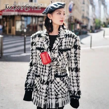 TWOTWINSTYLE клетчатые Лоскутные твидовые пальто с кисточками Женские повседневные куртки с воротником с лацканами и длинным рукавом Женская мода одежда
