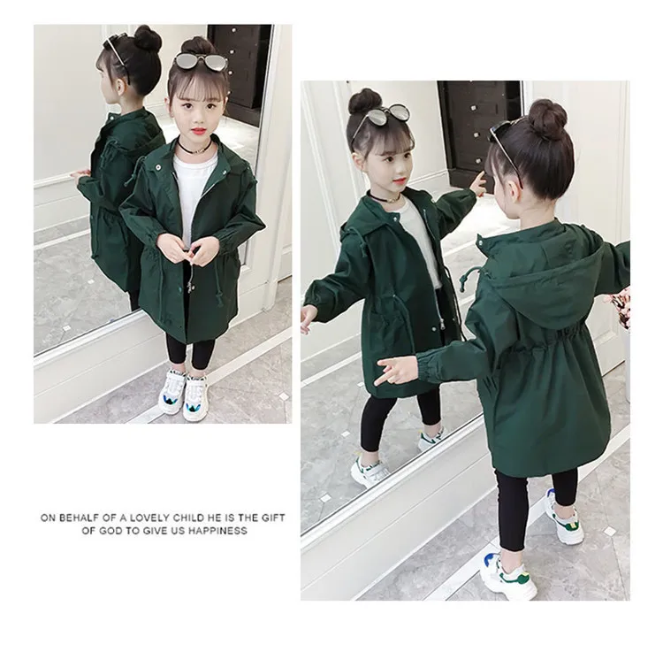 New children's jacket spring and autumn children's jacket girls's solid color girl jacket casual hooded long windbreaker jacket