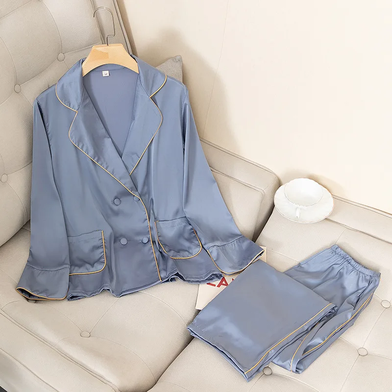 

Женский Пижамный костюм, ночная рубашка, сатиновая Домашняя одежда, новинка на весну, комплект для сна из 2 предметов, интимное нижнее белье, Повседневная синяя Пижама, домашняя одежда