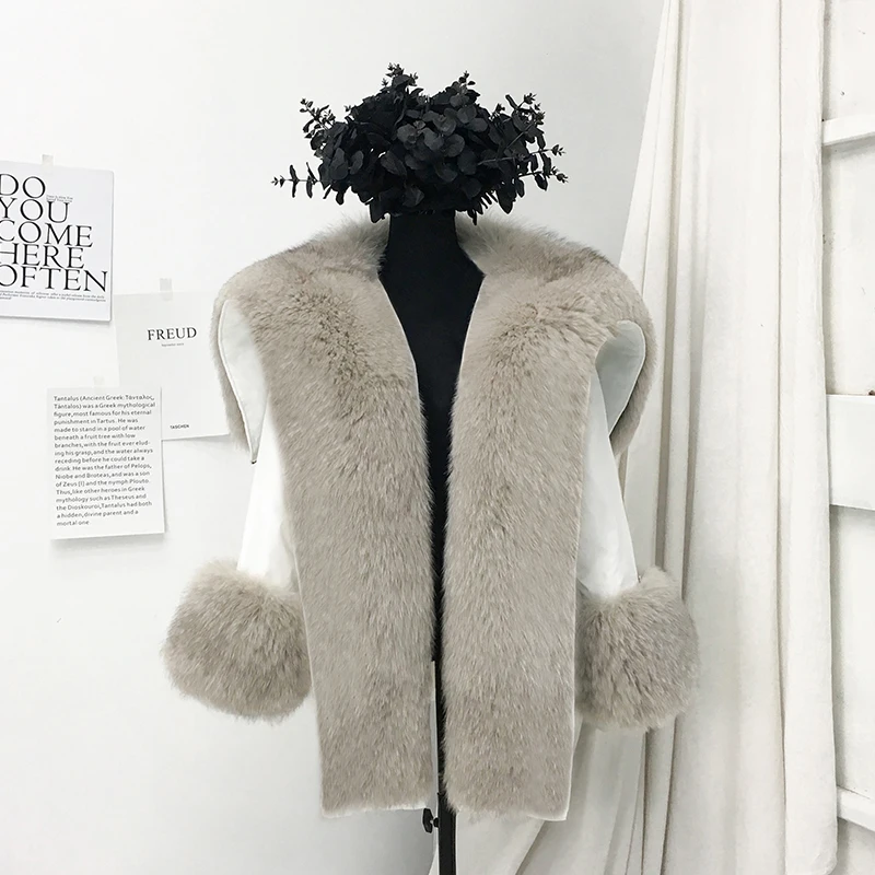 white with grey fur Rf1941B Роскошный натуральный мех пальто женская пуховая подкладка высокий уличный супер большой меховой воротник натуральный мех парка Съемная зимняя куртка - Цвет: white with grey fur