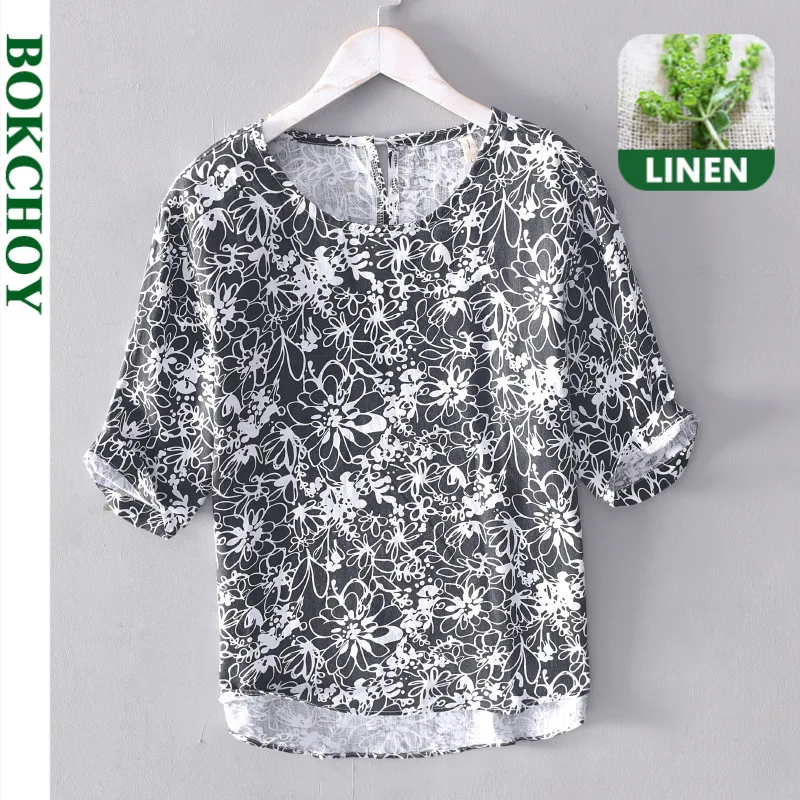 Мужская льняная футболка с коротким рукавом свободная модная круглым вырезом