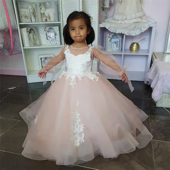 

White Lace Flower Girl Dresses Sheer Neck Long Sleeves Little Girls Dresses First Communion Dresses Birthday Gowns
