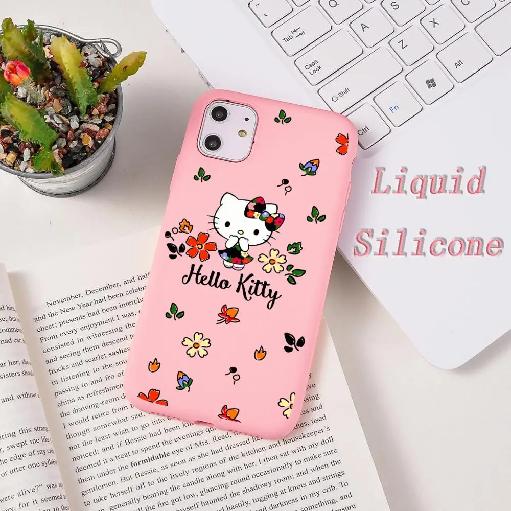 

Soft Case For iPhone 11 Pro Max X 7 8 Plus Cute Cat Hello Kitty Liquid Silicone Cover Candy Color Coque Capa For iPhone 8 6 6s