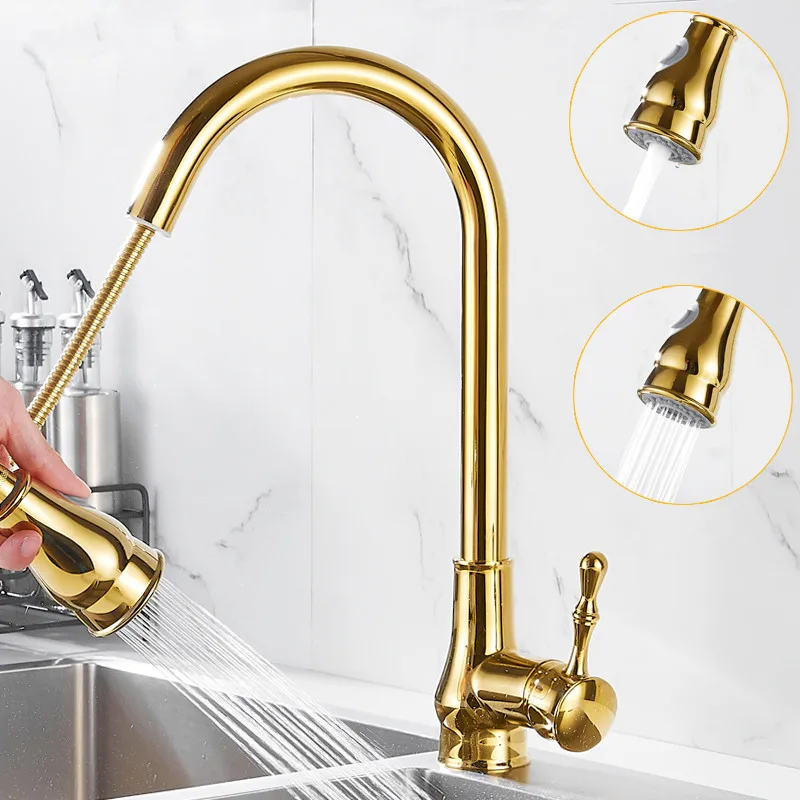 Kitchen Sink Faucets Hot & Cold Solid Brass Sink Mixer Taps Pull Out Spray Nozzle 360 Degree Rotating Single Handle Deck Mounted