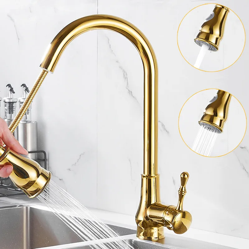 

Kitchen Sink Faucets Hot & Cold Solid Brass Sink Mixer Taps Pull Out Spray Nozzle 360 Degree Rotating Single Handle Deck Mounted