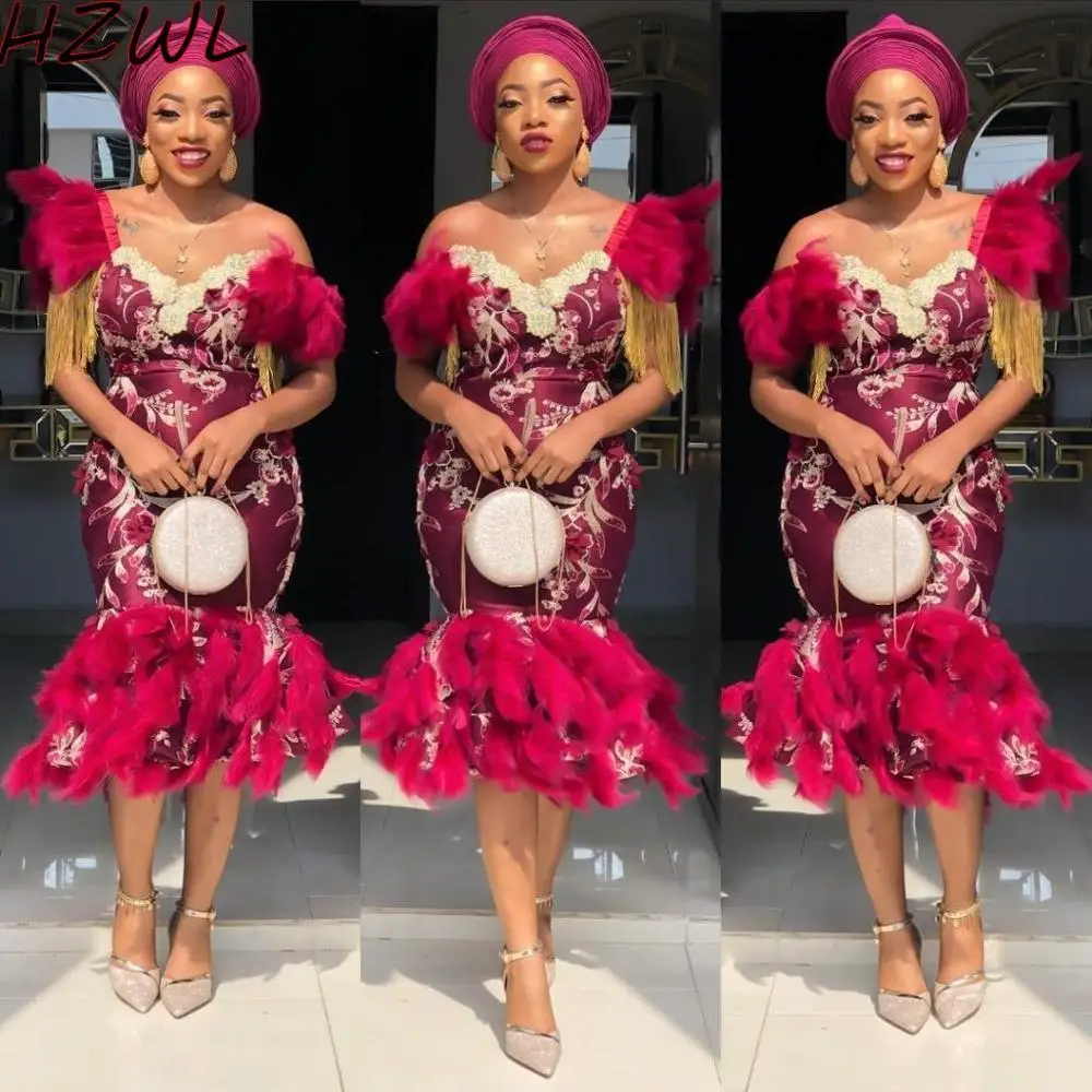 

Fuchsia Feathers Grape Mermaid Evening Dresses One Shoulder Appliques Tassels Tea Length Prom Dress Plus Size Aso Ebi Party Robe