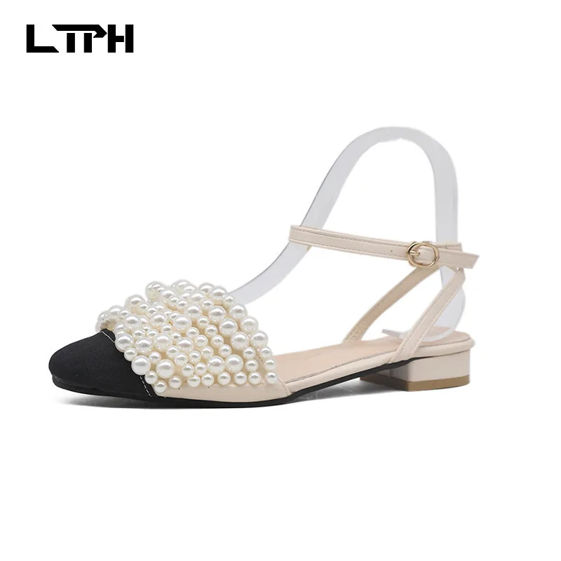 

free shipping 2020 spring new sandals fairy style fashion wild net red ins tide pearl thick high heels women shoes wedding PU