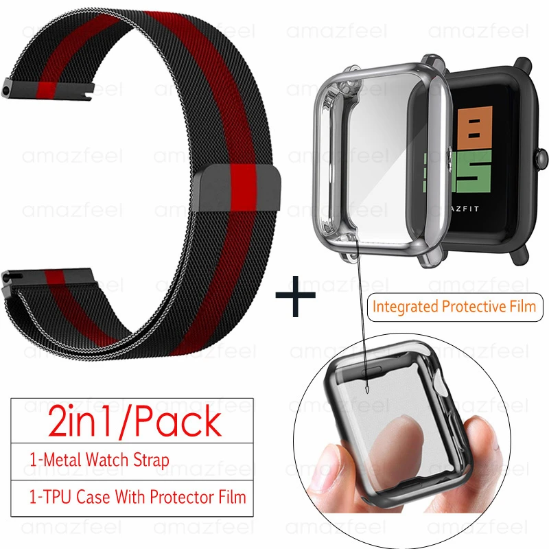 2в1 аксессуары для часов для Amazfit ремешок bip розовый чехол Защитная пленка для экрана браслет для Amazfit bip lite ремешок на запястье - Цвет: black-silver