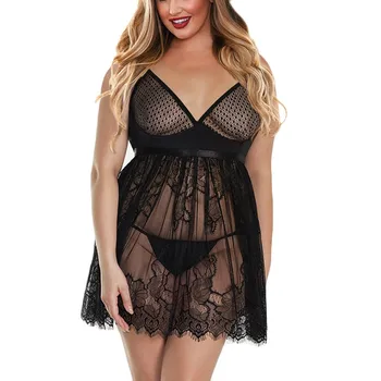 

Sexy Lingerie Plus Size Women Solid Lace V-Neck Porno Costumes Erotic Babydoll Feminina Underwear Baby Doll Nightdress+Briefs