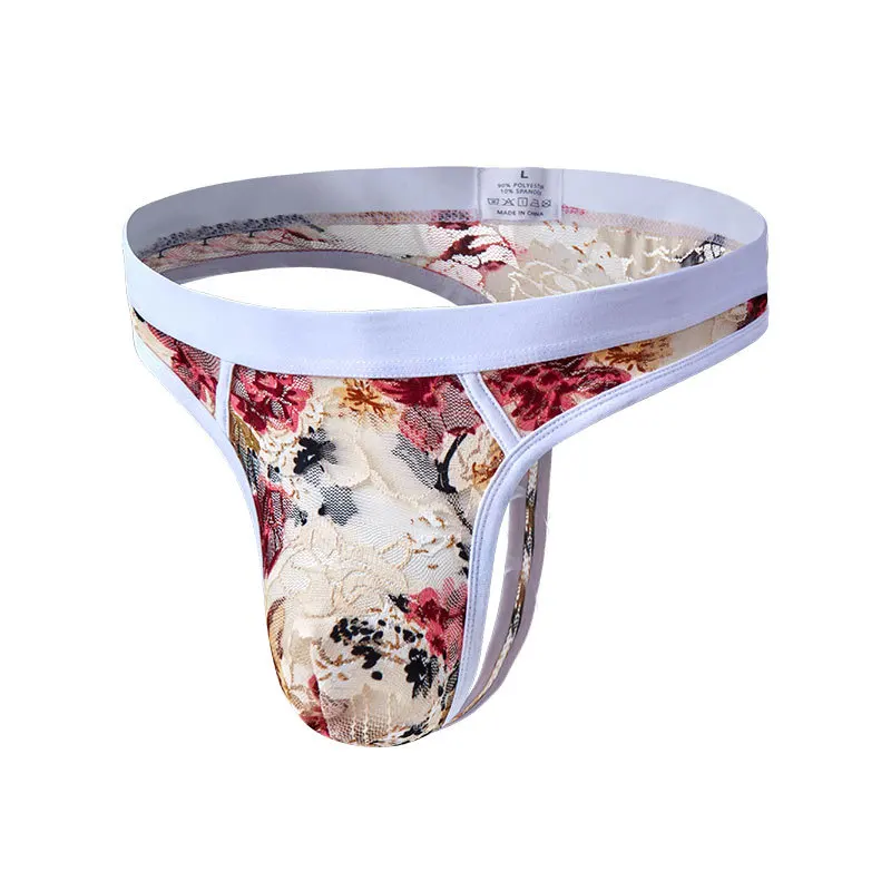 Sexy Underwear Men G-string Thong Transparent Lace T-panties Man Printed Floral Pouch |