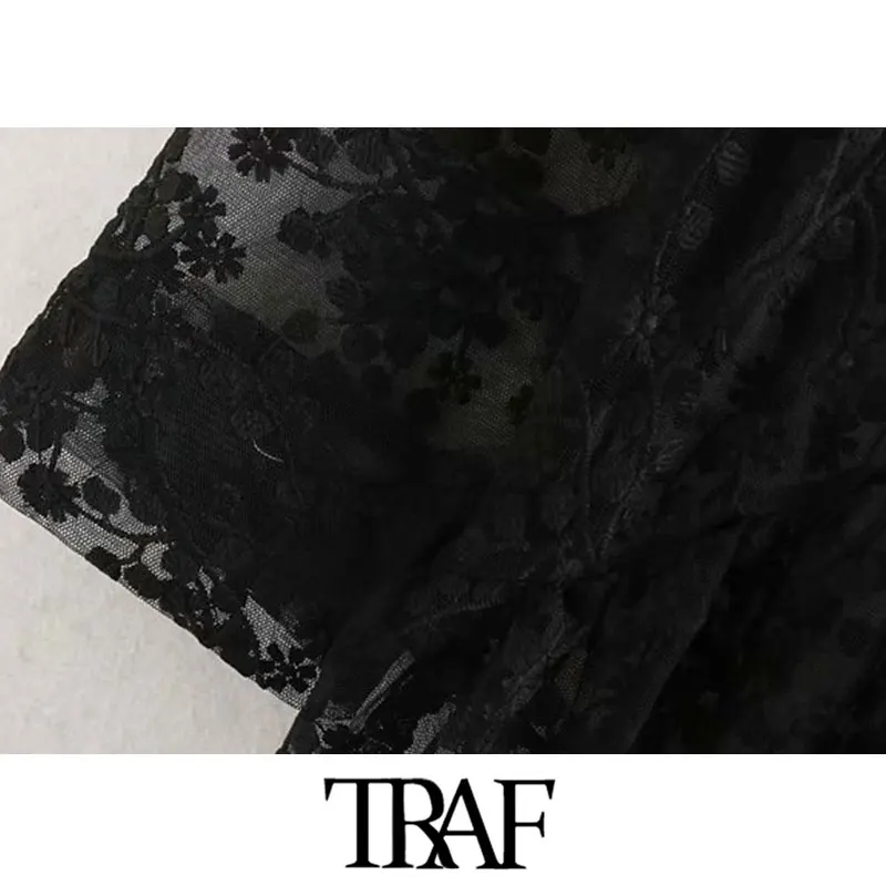 TRAF, женское винтажное шикарное Сетчатое платье-рубашка миди с цветочной вышивкой, Модные прозрачные женские платья с длинным рукавом, vestidos mujer