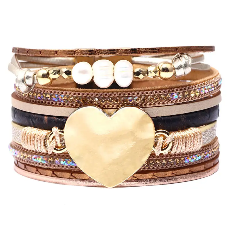 

Heart Charm Leather Bracelets for Women 2019 Fashion Heart Charm Pearl Boho Multi Layer Wrap Bracelet Woman Jewelry
