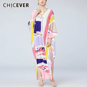 

CHICEVER Plus Size Dress For Women V Neck Batwing Three Quarter Sleeve Print Hit Color Side Split Vintage Dresses Female 2020
