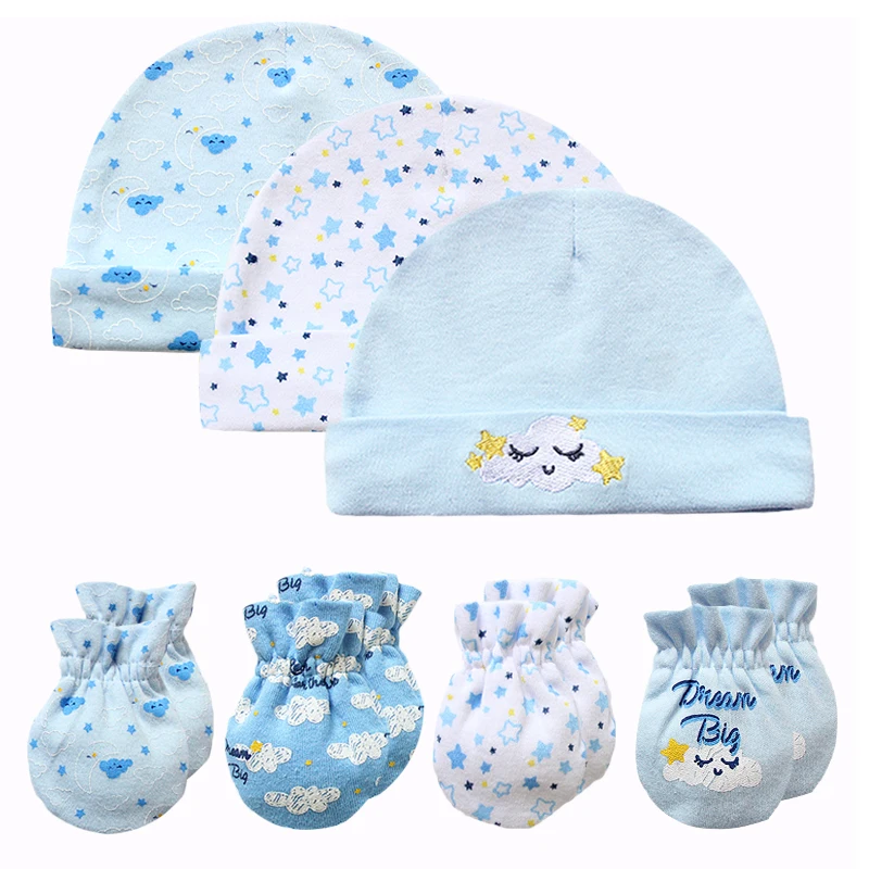 Newborn Baby 3 Caps and 4 Scratch Mittens 0-3 Month Baby Accessories Cotton Hat&Gloves