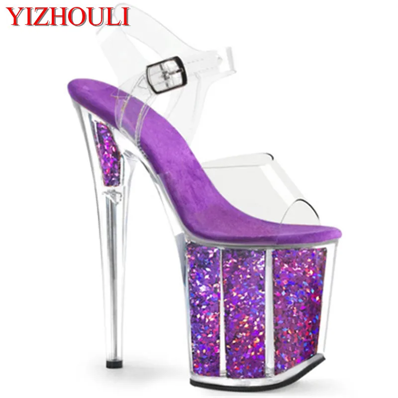 

Stage model training sexy transparent sole purple sequins 20cm stiletto heels, 8in nightclub stiletto sandals