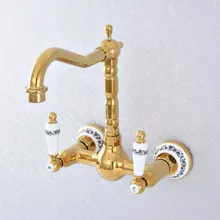 

Polished Gold Color Brass Wall Mounted Double Ceramic Handles Base Bathroom Kitchen Sink Faucet Mixer Tap Swivel Spout asf612