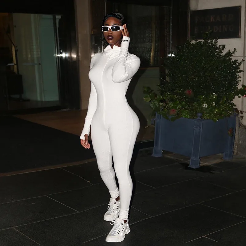 Turtleneck Knit Rib Bodycon Jumpsuit Women Embroidery Lucky Label Long Sleeve Zipper Fitness Black Grey Rompers Women Jumpsuit Turtleneck Knit Rib Bodycon Jumpsuit Women Embroidery Lucky Label Long Sleeve Zipper Fitness Black Grey Rompers Women Jumpsuit