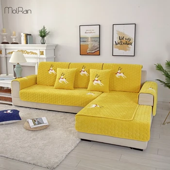 

Winter Thick Sofa Cover Super Soft Plush Slipcover Solid Sofa Towel Cushion Modern Simple Embroidery Cartoon Corner Cover Towel