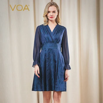 

VOA Silk 34 at M Yarn-Dyed Jacquard Deep V-neck Georgette Horn Long Sleeve X Waist Temperament Dress A10885