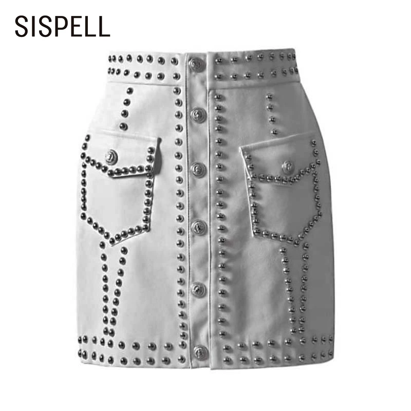 

SISPELL Patchwork Rivets Women's PU Leather Skirt High Waist Slimming For Female Skirt Punk Style Fashion Autumn New 2020