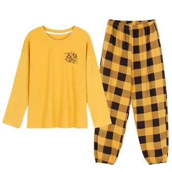 

Pajamas Women Spring And Autumn Pure Cotton Casual Turmeric Plaid Can Be Worn Outside Simple Home Service Suit