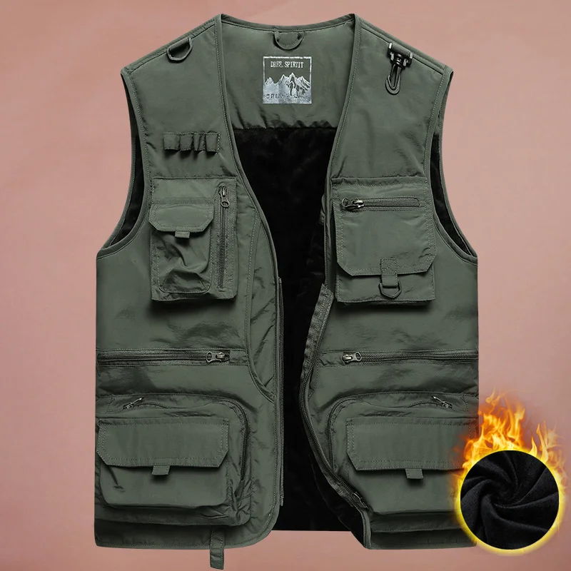 Multi Pocket Tooling Plush Warm Vest Men's Autumn And Winter Outdoor Quick Dry Mountaineering And Fishing Photography Loose Vest summer thin outdoor multi pocket quick drying vest camping rock climbing riding photography bird watching tourism cargo vest