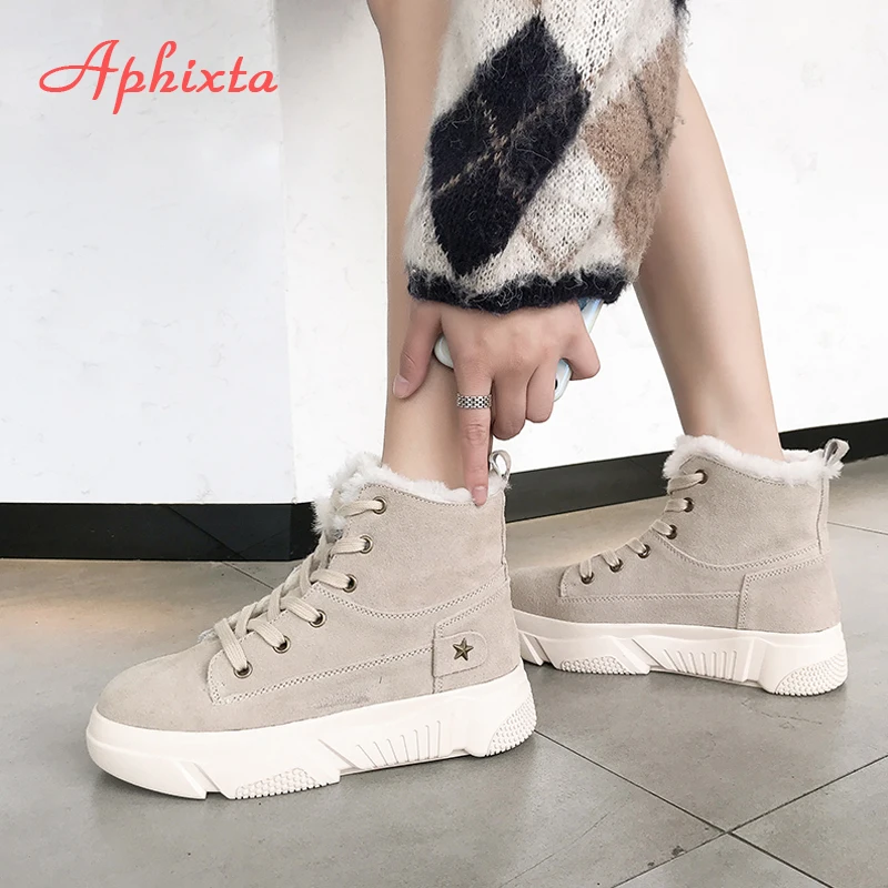 Aphixta Platform Shoes Winter Snow Boots Women Ankle Boots Flat Heel Star Lace-up Fur Bottes Flock Warm Plush Shoes Woman Boot