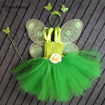 

1 Set Tinkerbell Magic Fairy Tutu Dress Up Princess Girl Birthday Party Cosplay Dress Green Kids Halloween Costume With Wing