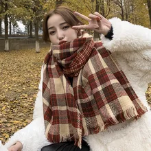  Cashmere Scarf Female Winter Thickened Korean Student Versatile Lovely Soft Girl British Red Lattice Net Scarf Women's 