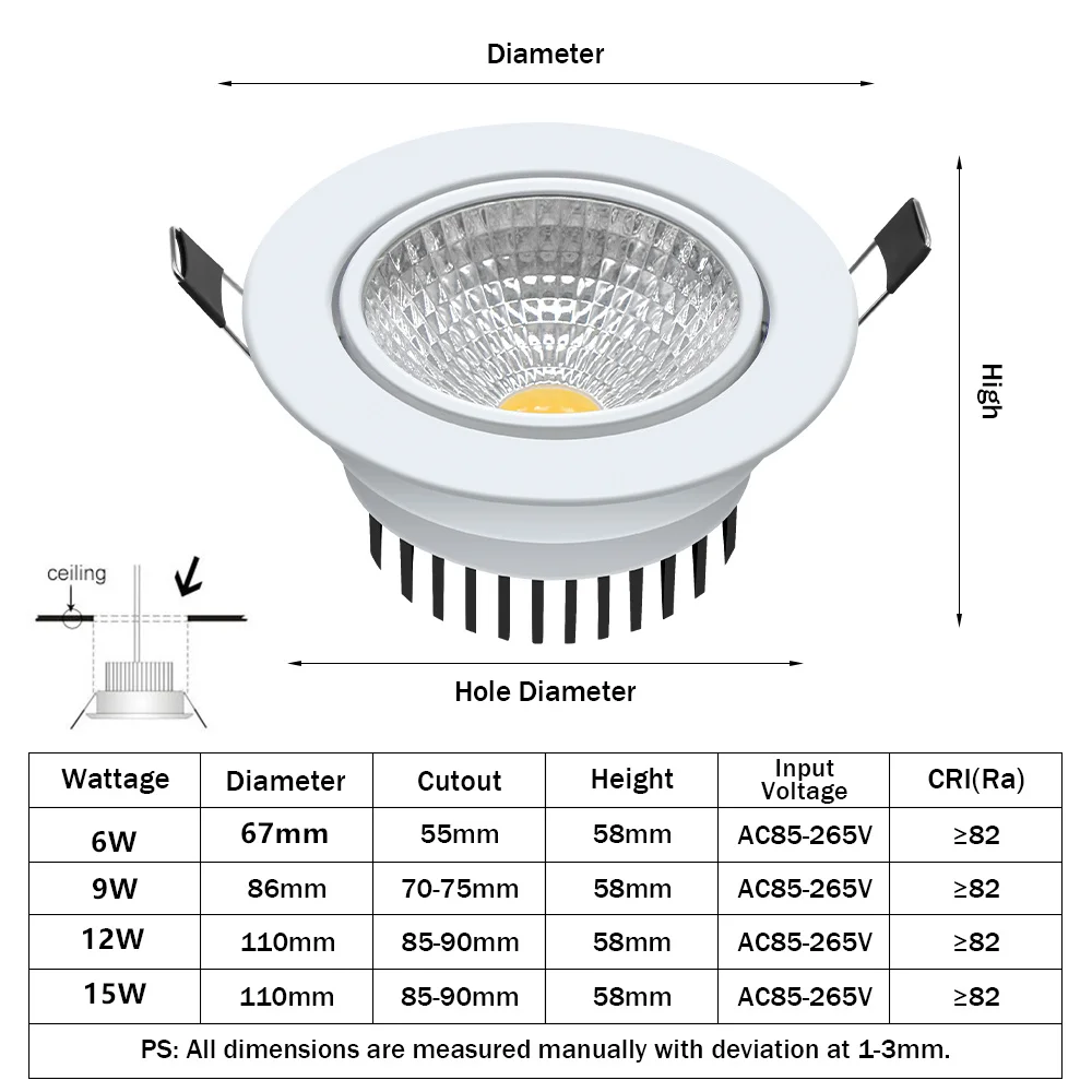 [DBF]1 супер яркий светодиодный встраиваемые панели СИД Dimmable вниз светильник COB 6 Вт