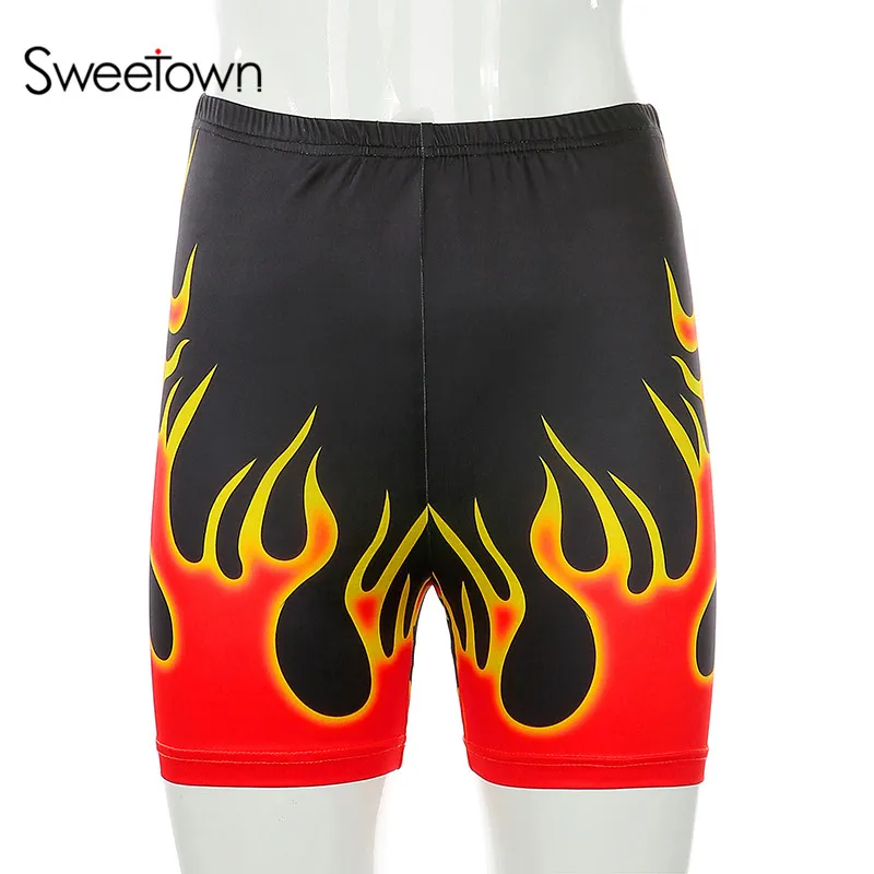 Sweetown Осенняя Толстовка с принтом огненного огня, уличная мода, повседневные женские пуловеры размера плюс, толстовки с длинным рукавом - Цвет: shorts-red
