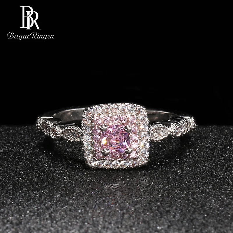 pink Bague Ringen, Трендовое серебро 925, Ювелирное кольцо с камнями для женщин, Геометрическая площадь, белый, желтый, розовый, AAA циркон, женские вечерние подарки - Цвет камня: pink