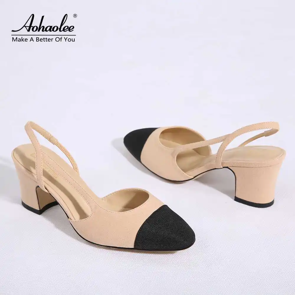 

Aohaolee 8 Colors Women Two-tone Genuine Leather Slingback Sandals Block Heels Cut Out Pumps Buckle Summer Square Heel Shoes