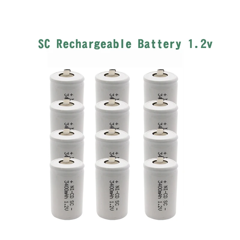 

12pcs 1.2V rechargeable battery 3400mah 4/5 SC Sub C ni-cd cell with welding tabs for electric drill screwdriver