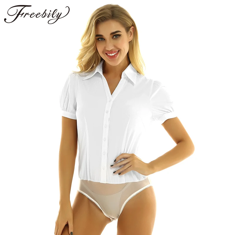 Elegant Bodysuits for Women Office Lady Work White Shirt Bodysuit Short Sleeve Bodycon Fashion Tops and Blouses Female Clothes Elegant Bodysuits for Women Office Lady Work White Shirt Bodysuit Short Sleeve Bodycon Fashion Tops and Blouses Female Clothes