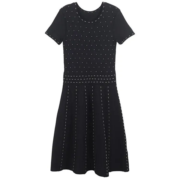 Black Женское платье, украшенное бисером, вязаное, Vestido, летнее, элегантное, облегающее, вечерние, платье, Femme, тонкий, короткий рукав, пуловеры, для офиса, леди - Цвет: Black