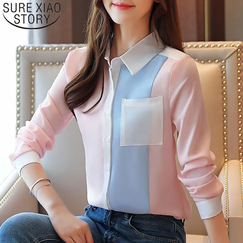 

2020 fashion blouse Women Spring Office Lady Shirts Casual Long Sleeve Pocket chiffon shirts womens tops and blouses 6196 50