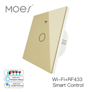

WiFi Smart Glass Panel Switch Tuya App Remote Control Work With Alexa Echo Google Home RF433 EU Type Gold Touch 1Gang