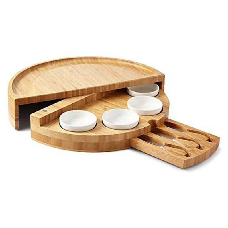Cheese Board Cutlery Cutter Set with Slide Out Drawer Cooking Tool Slicer Fork Scoops Cut Wooden Cheese Plate Kitchen Tools