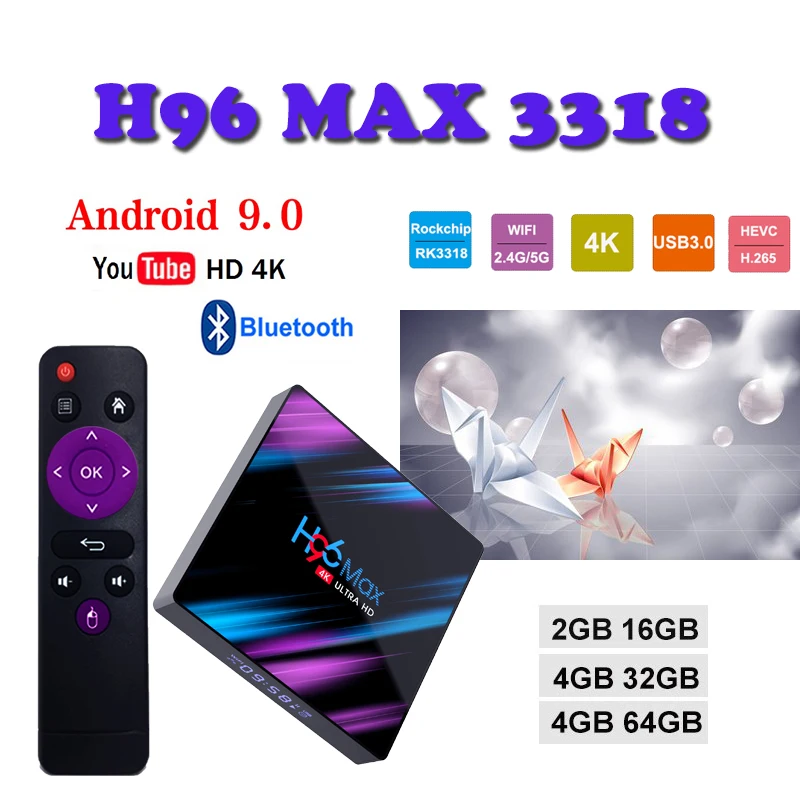 

Android 9.0 tv box H96 MAX box tv 4GB + 64GB WiFi 2.4G/5G 4k H.265 USB 3.0 Set Top box Netflix Youtube media Player boxing