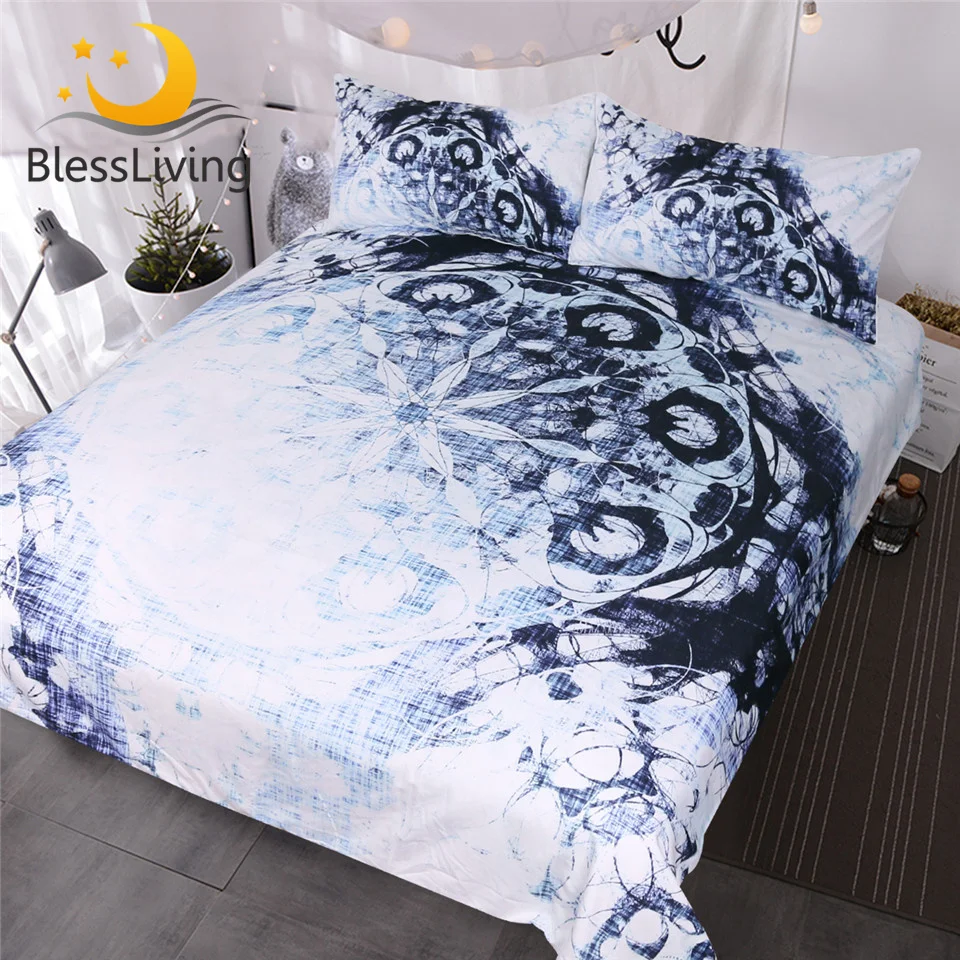 

Blessliving Vintage Mandala Duvet Cover Dark Blue Ink Gradient Floral Bedding Set Abstract Bedspread Bohemian Bed Duvet Set