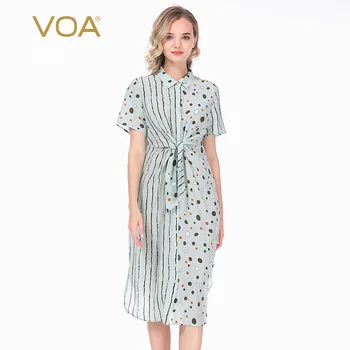 

VOA Silk Shirt Collar Short-Sleeved Single-Breasted Striped Dotted Print Knot Design U-Shaped Hem Medium-Length Dress AX08