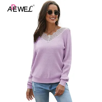 

ADEWEL Purple Khaki Gray Lace Collar V Neck Ribbed Sweater Women's Long-Sleeve Sweater Hot Slim Floral Collar Winter Pullover