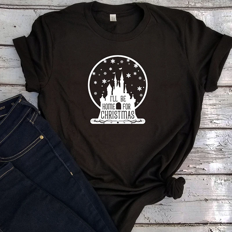 

I'll Be Home for Christmas Tshirt Women Castle Snowball Harajuku Shirts Woman 2018 Gothic Tee Streetwear Print Casual Punk