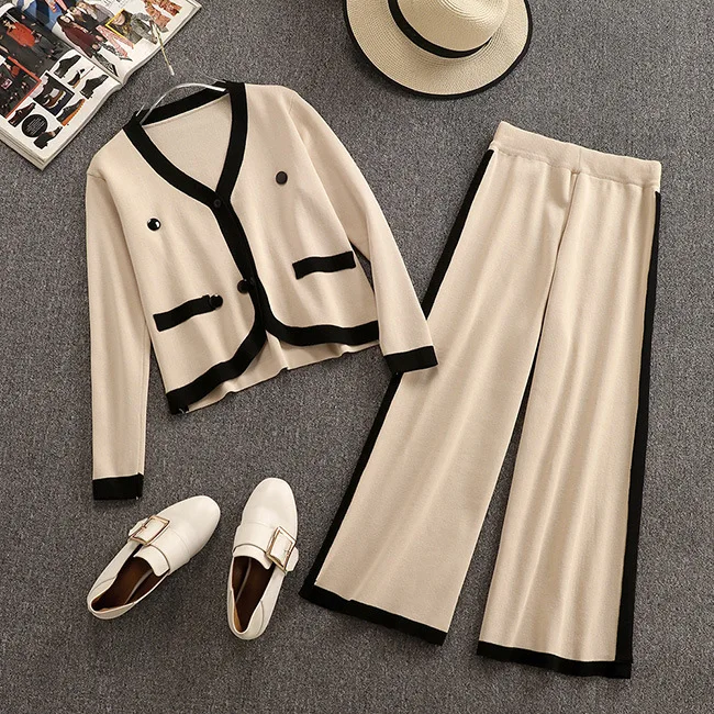 

Knit Striped Long Sleeve Buttons Cardigan Thin Sweaters Tops+Elastic High Waist Wide Leg Knit Pants Women Autumn 2 Pieces Sets
