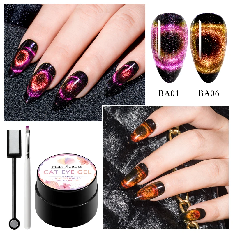 MEET ACROSS 9D Galaxy Cat Eye Nail Gel Polish Set 5ml Auroras Shiny UV Varnish Sets Chameleon Magnetic Art Lacquer | Красота и