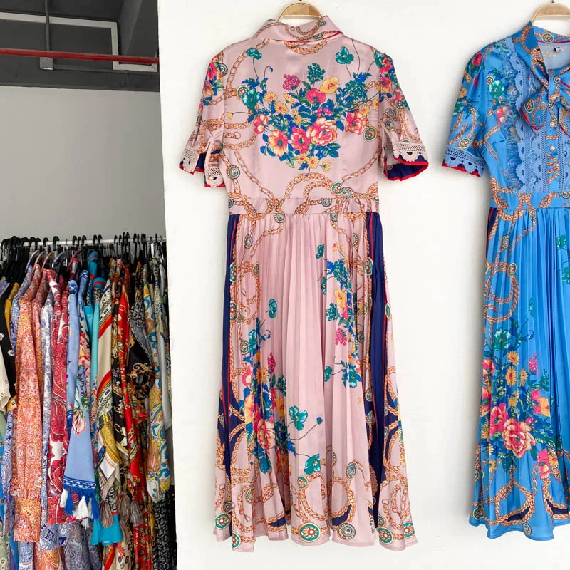 Lady New Fashion Short Sleeve Bow Collar Lace Stitching Pleated Elegant Dress Women Print High Street A-Line Vestidos H890